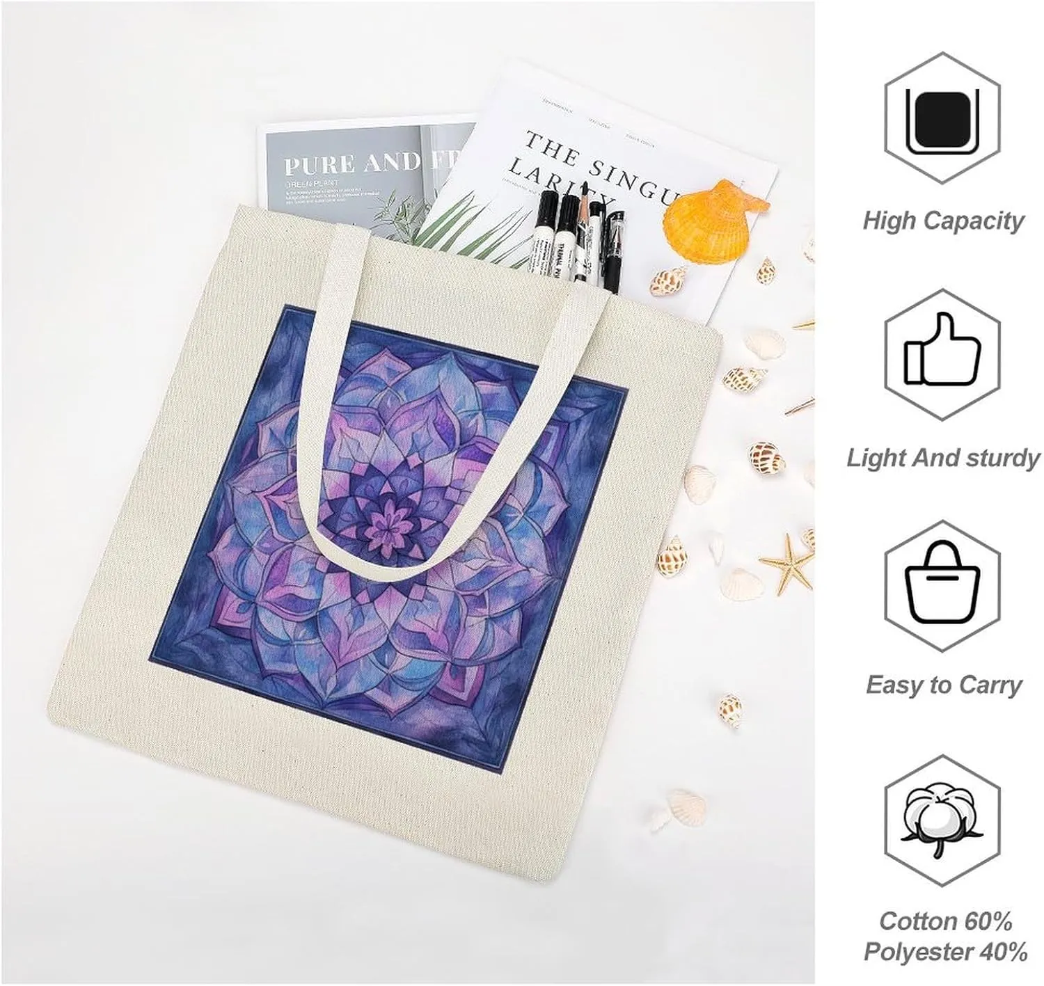 Tote Canvas Bag Purple And Blue Mandala Reusable Shoulder Tote Bag Abstract Flower for Shopping Gym