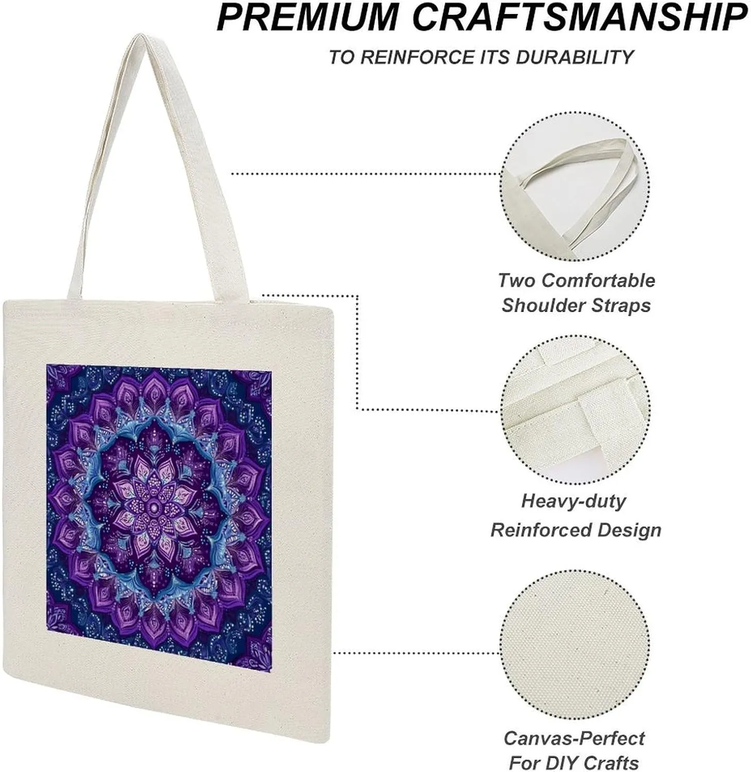 Tote Canvas Bag Purple And Blue Mandala Reusable Shoulder Tote Bag Abstract Flower for Shopping Gym