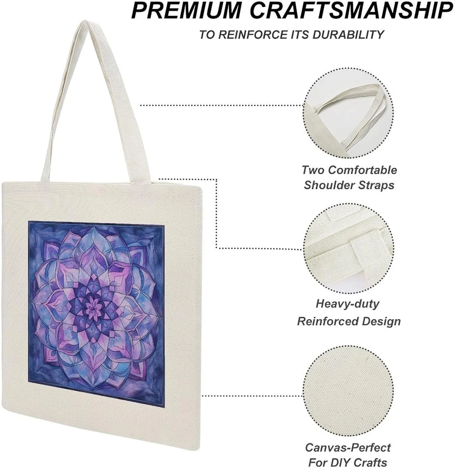 Tote Canvas Bag Purple And Blue Mandala Reusable Shoulder Tote Bag Abstract Flower for Shopping Gym