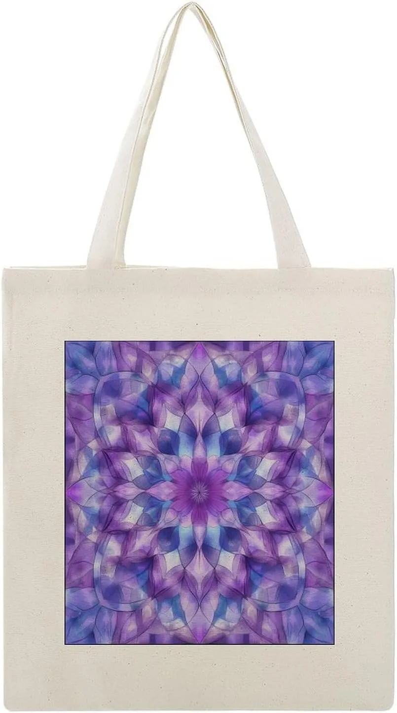 Tote Canvas Bag Purple And Blue Mandala Reusable Shoulder Tote Bag Abstract Flower for Shopping Gym