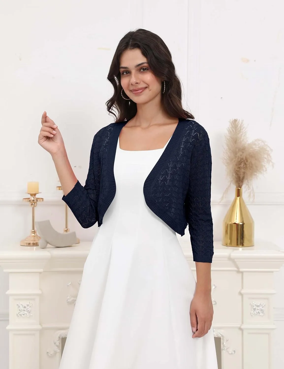 Tralilbee Women's 3/4 Sleeve Cropped Cardigan Knit Bolero Shrug Cardigan Sweater for Women S-XL