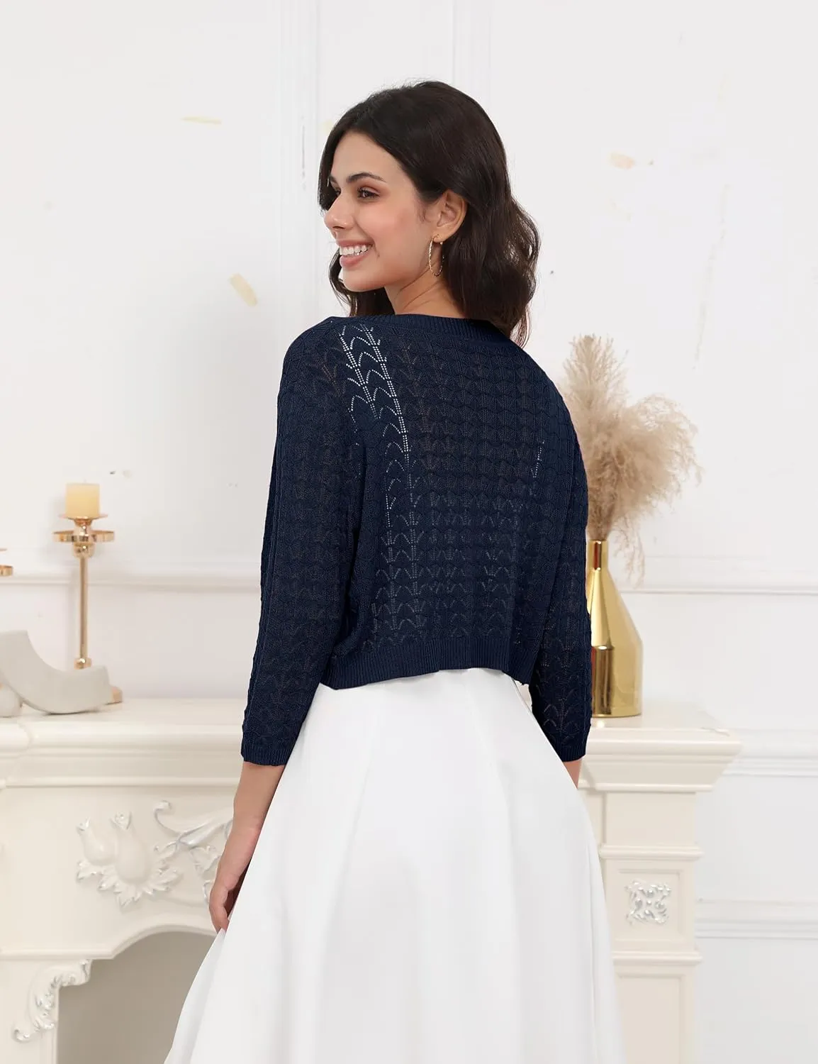 Tralilbee Women's 3/4 Sleeve Cropped Cardigan Knit Bolero Shrug Cardigan Sweater for Women S-XL