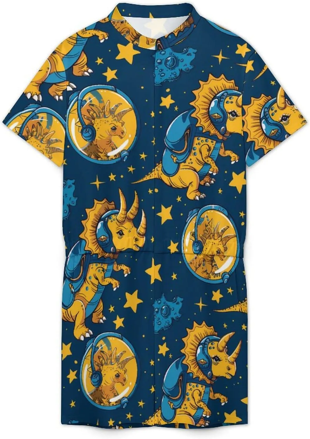 Triceratopss Dinos in Space Dinosaur Mens Short Sleeve Rompers Printed Slim Fit One Piece Jumpsuit with Pocket