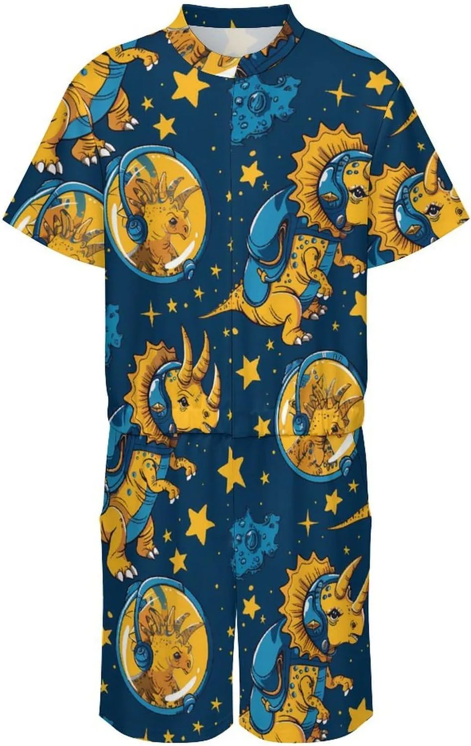Triceratopss Dinos in Space Dinosaur Mens Short Sleeve Rompers Printed Slim Fit One Piece Jumpsuit with Pocket