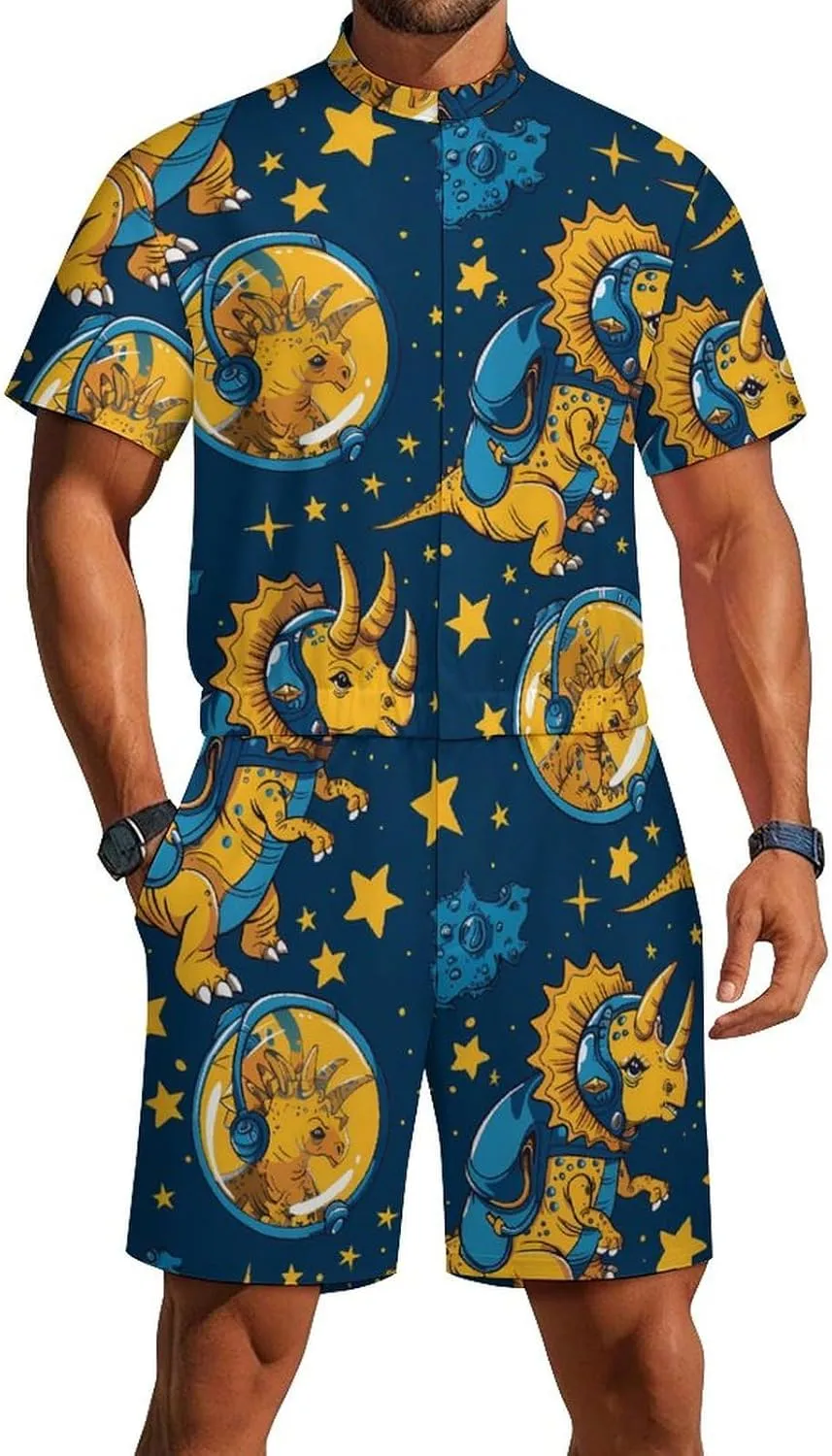 Triceratopss Dinos in Space Dinosaur Mens Short Sleeve Rompers Printed Slim Fit One Piece Jumpsuit with Pocket