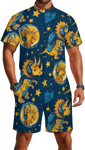 Triceratopss Dinos in Space Dinosaur Mens Short Sleeve Rompers Printed Slim Fit One Piece Jumpsuit with Pocket