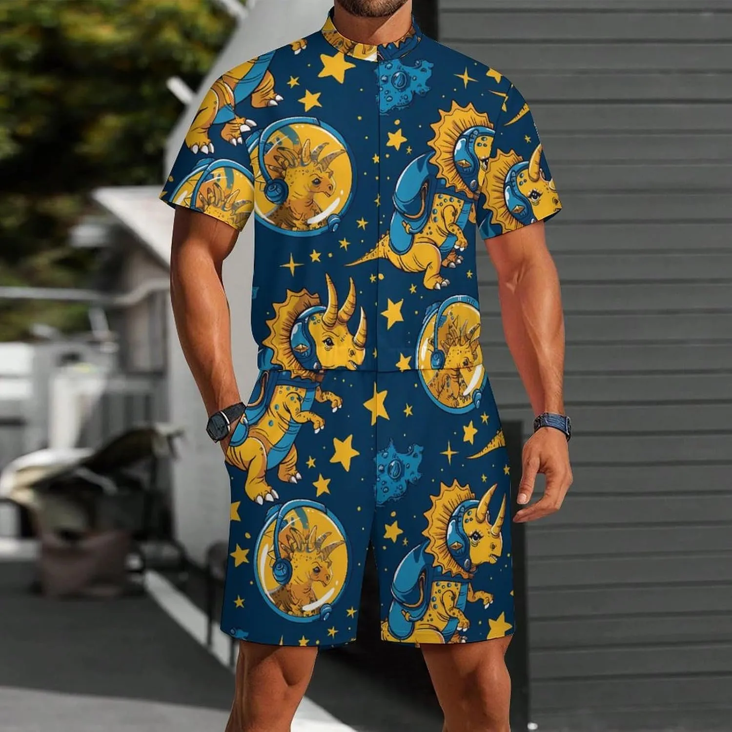 Triceratopss Dinos in Space Dinosaur Mens Short Sleeve Rompers Printed Slim Fit One Piece Jumpsuit with Pocket
