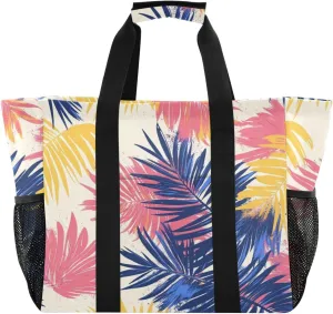 Tropical Leaves Colorful Utility Tote Bag For Women Collapsable Beach Tote Waterproof Grocery Bags Reusable with Handles Carrier Bags