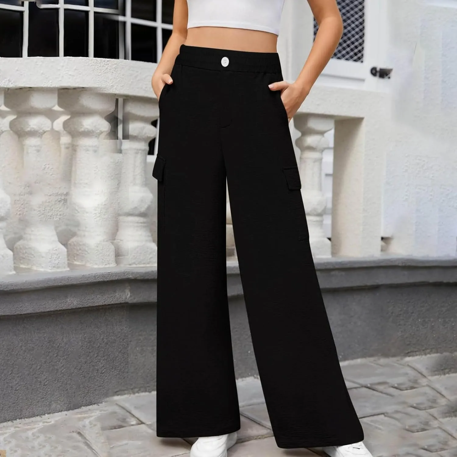 TUNUSKAT Womens Wide Leg Cargo Pants Summer Flowy Beach High Waist Trousers Lounge Loose Boho Vacation Slacks Travel Outfits