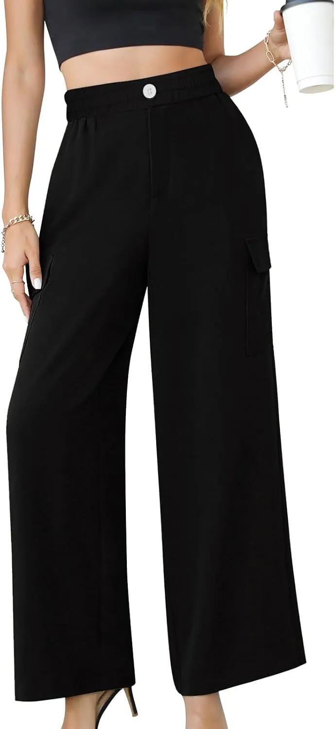 TUNUSKAT Womens Wide Leg Cargo Pants Summer Flowy Beach High Waist Trousers Lounge Loose Boho Vacation Slacks Travel Outfits