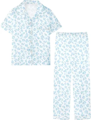 Umeyda Girls Womens Pajamas Set, Satin Silky Button Down Loungewear 2 Piece Short Sleeve Pants PJS Sets for Mommy Kids