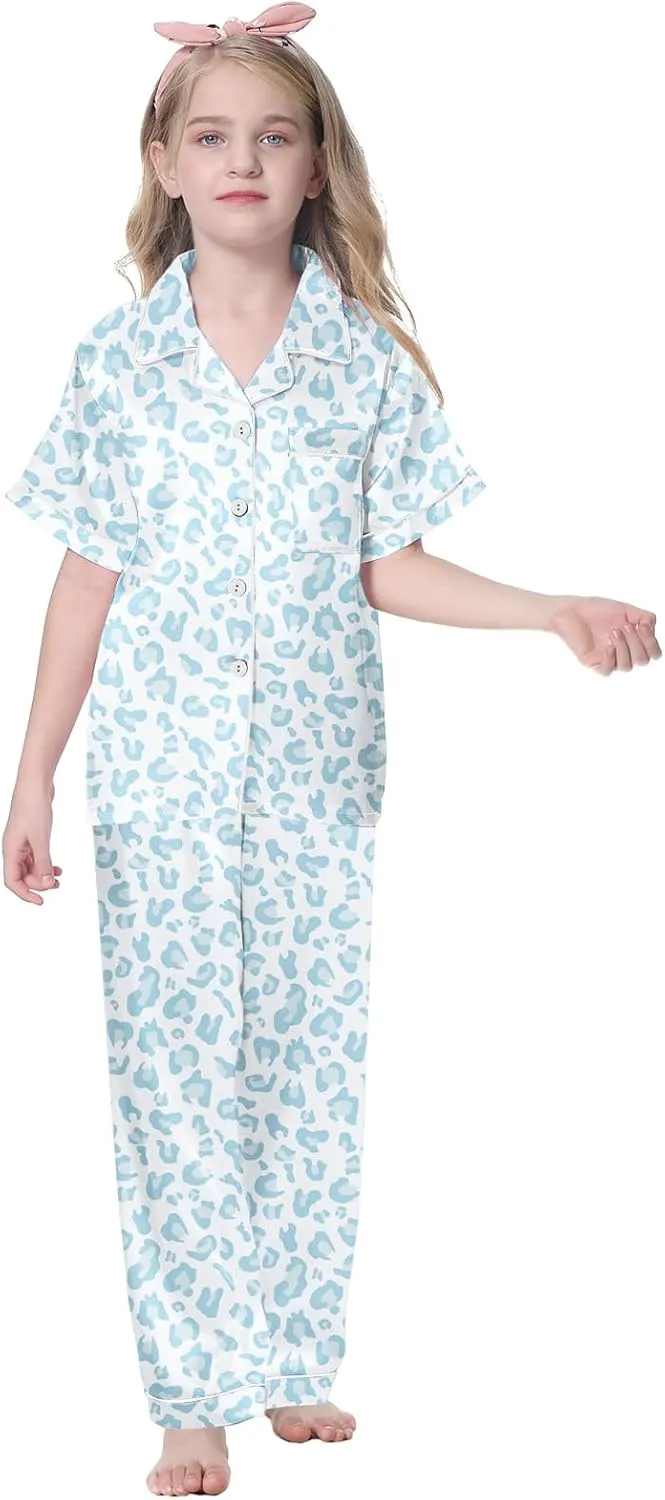 Umeyda Girls Womens Pajamas Set, Satin Silky Button Down Loungewear 2 Piece Short Sleeve Pants PJS Sets for Mommy Kids
