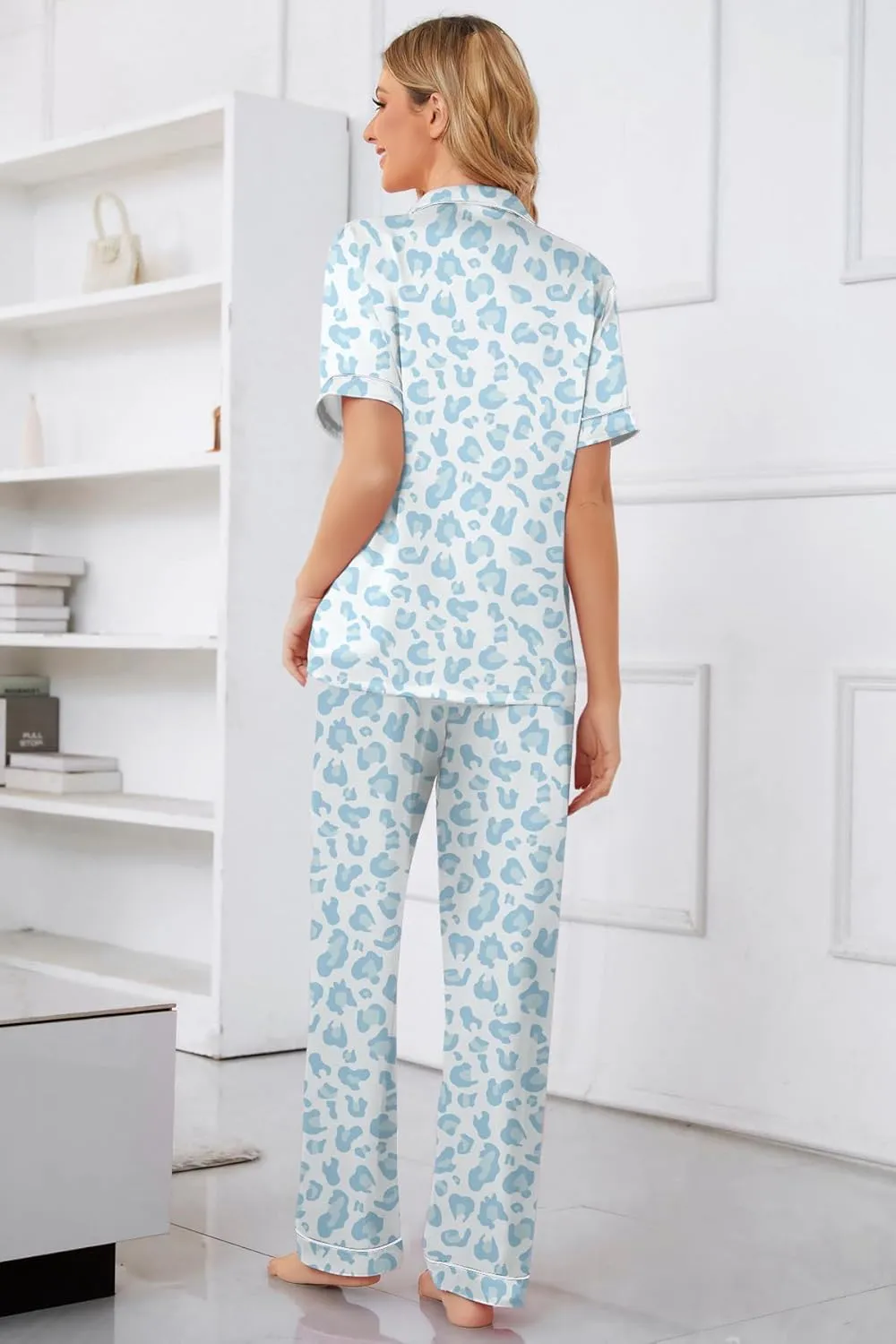 Umeyda Girls Womens Pajamas Set, Satin Silky Button Down Loungewear 2 Piece Short Sleeve Pants PJS Sets for Mommy Kids