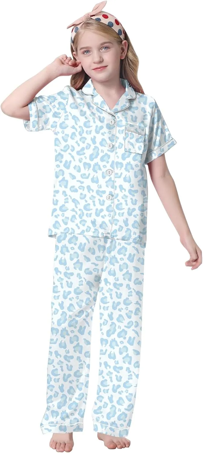 Umeyda Girls Womens Pajamas Set, Satin Silky Button Down Loungewear 2 Piece Short Sleeve Pants PJS Sets for Mommy Kids