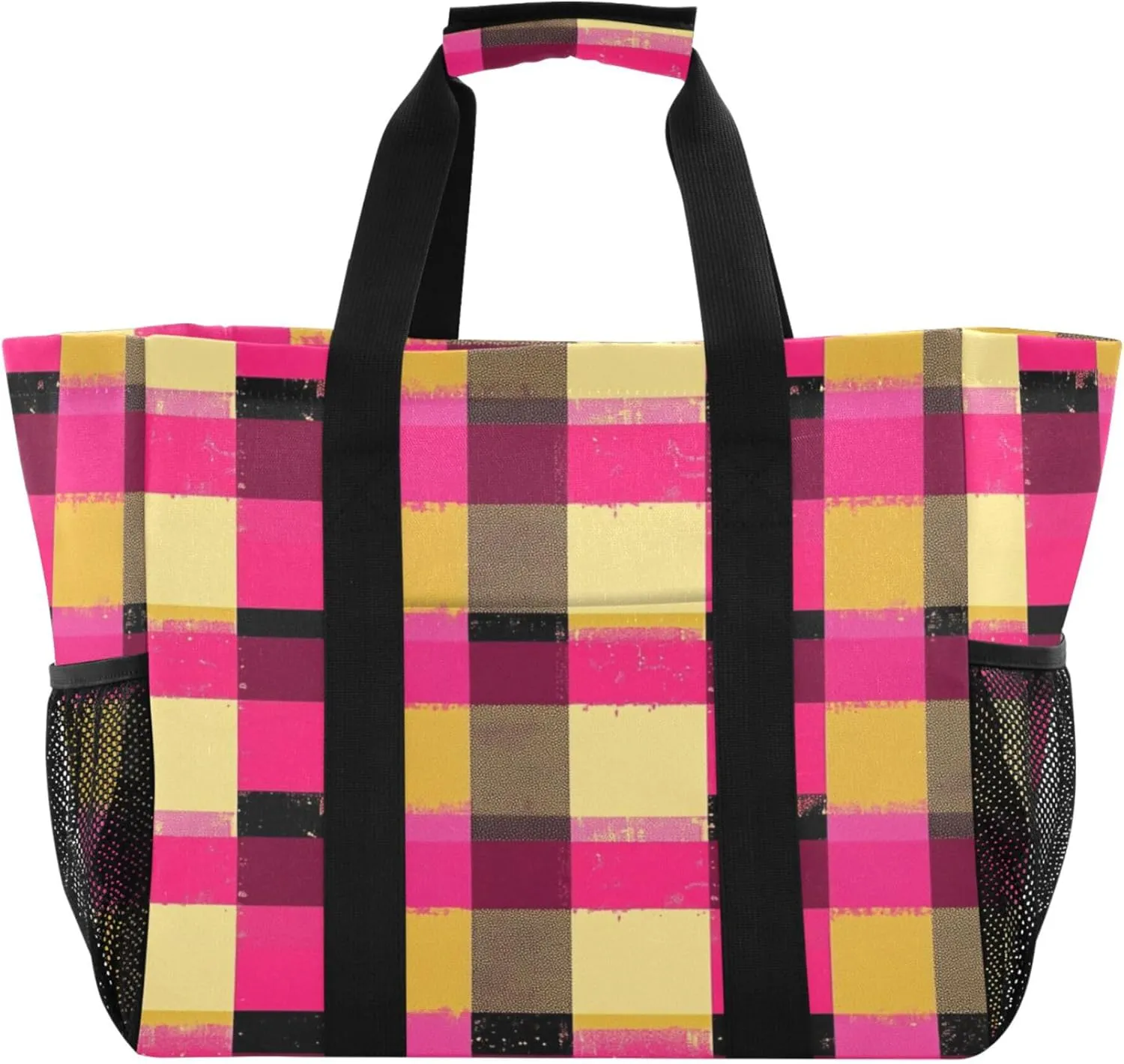 Utility Tote Bag Foldable Beach Bags Water Resistant with Handles Canvas Laundry Bag Buffalo Plaid Check Hot Pink Gold Jellyfishs