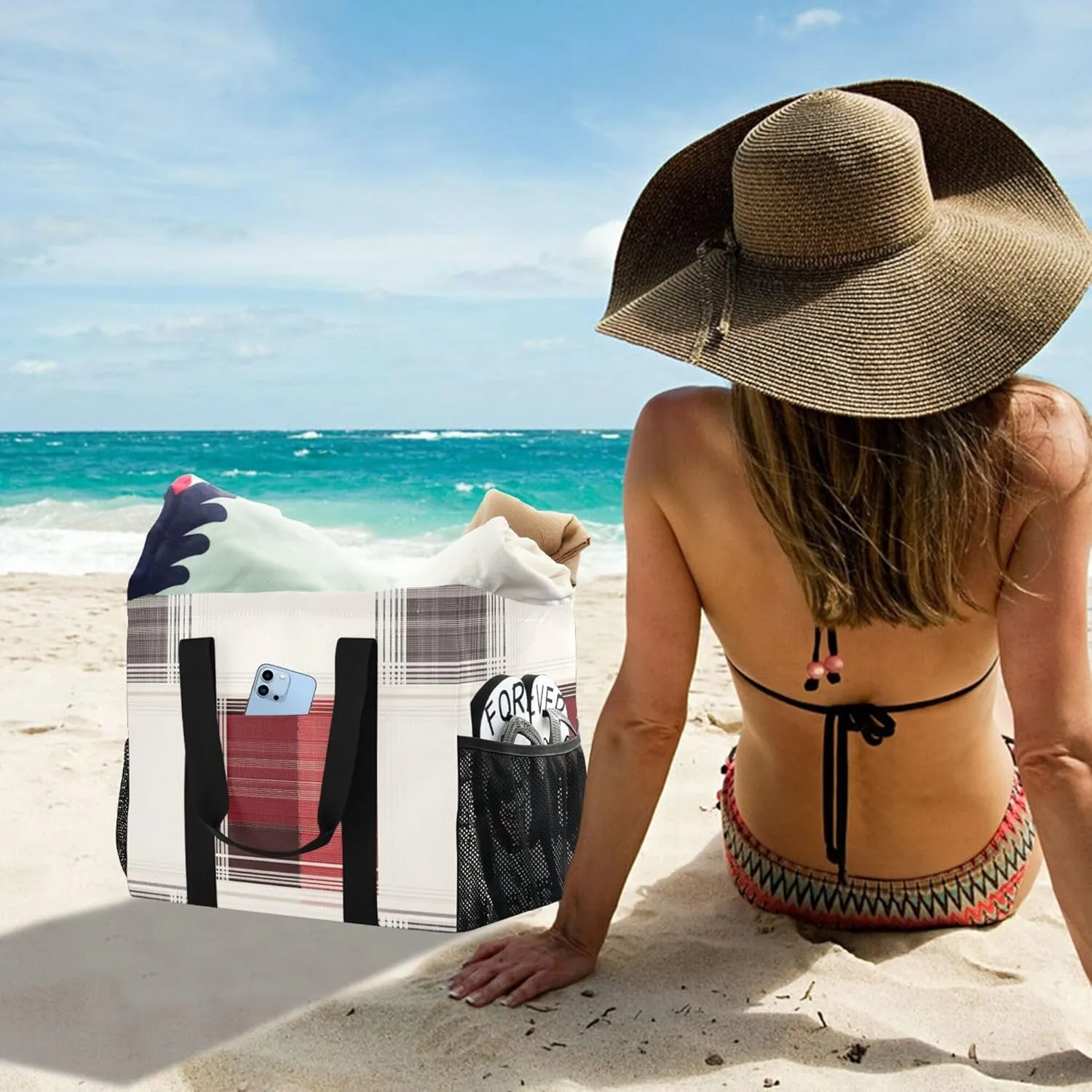 Utility Tote Bag For Women Foldable Beach Tote Bag With Compartments Canvas Carrying Tote