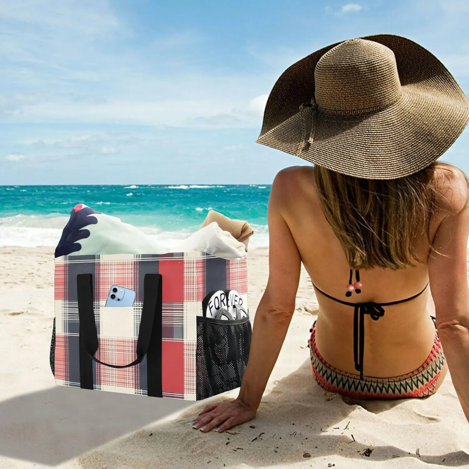 Utility Tote Bag For Women Foldable Beach Tote Bag With Compartments Canvas Carrying Tote