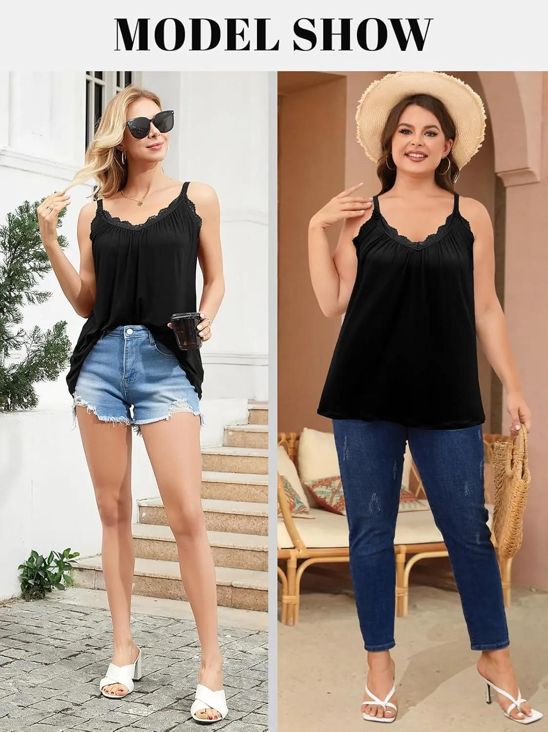 V FOR CITY Flowy Camisole Tops for Women with Built in Bra V Neck Lace Spaghetti Strap Tank Top Loose Fitting Tunic