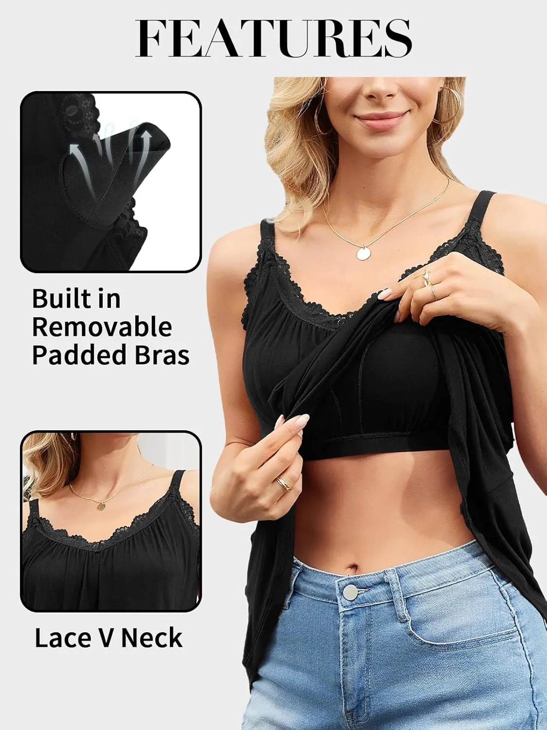 V FOR CITY Flowy Camisole Tops for Women with Built in Bra V Neck Lace Spaghetti Strap Tank Top Loose Fitting Tunic