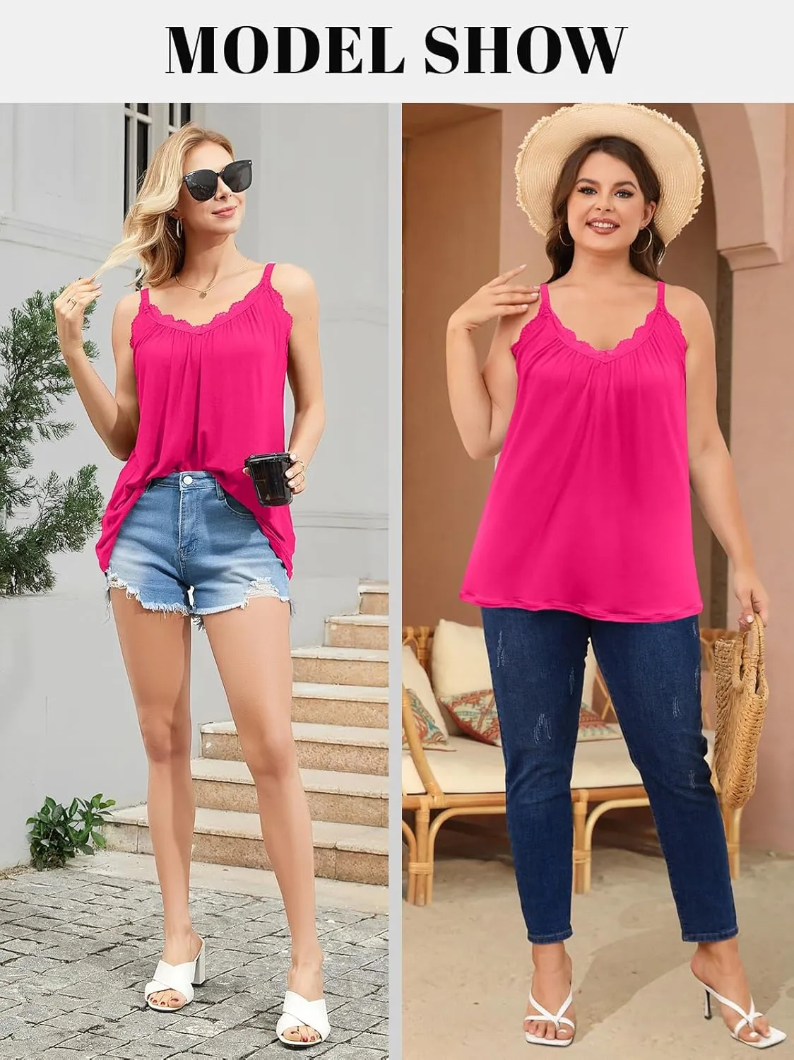 V FOR CITY Flowy Camisole Tops for Women with Built in Bra V Neck Lace Spaghetti Strap Tank Top Loose Fitting Tunic