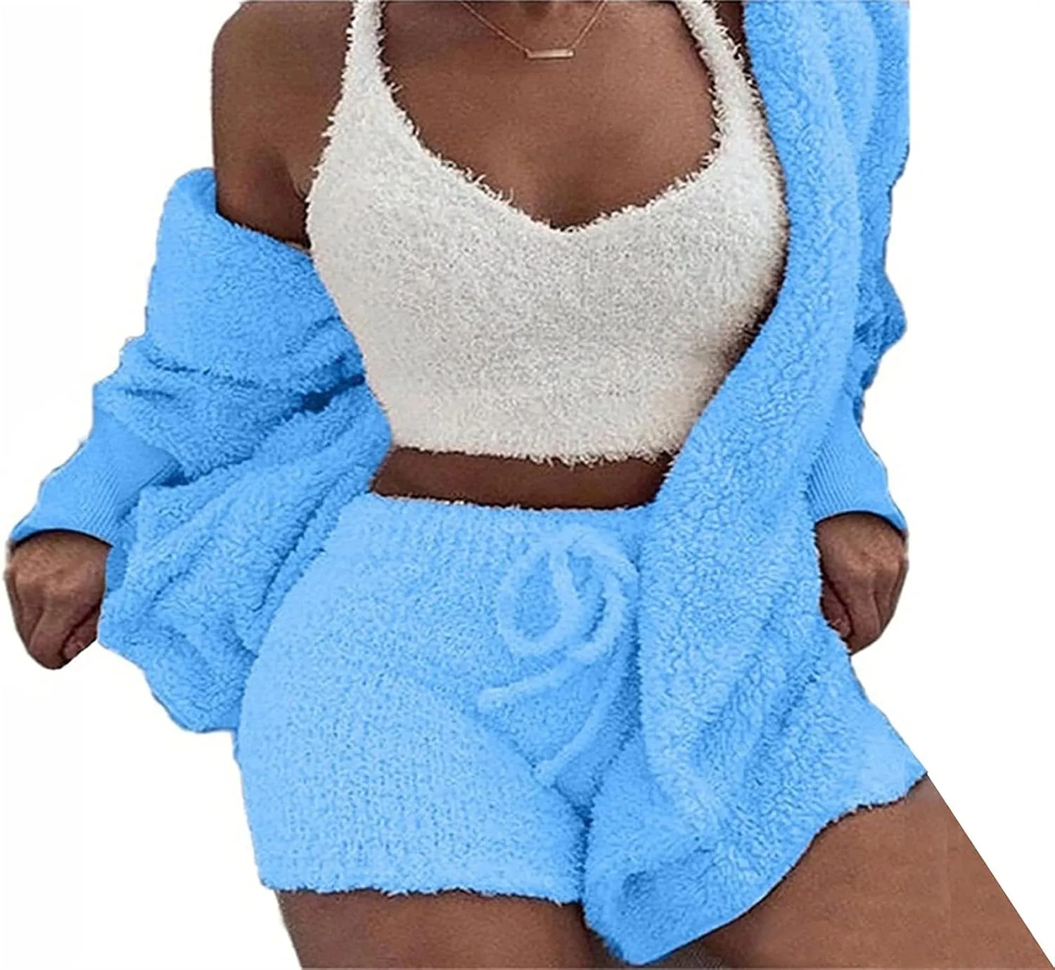 Vakkest Women's Sexy 3 Piece Pajamas Outfit Fuzzy Fleece Warm Sherpa Coat Jacket Outwear Spaghetti Strap Crop Top Shorts Set