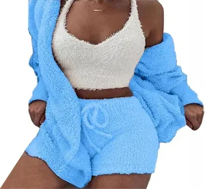 Vakkest Women's Sexy 3 Piece Pajamas Outfit Fuzzy Fleece Warm Sherpa Coat Jacket Outwear Spaghetti Strap Crop Top Shorts Set