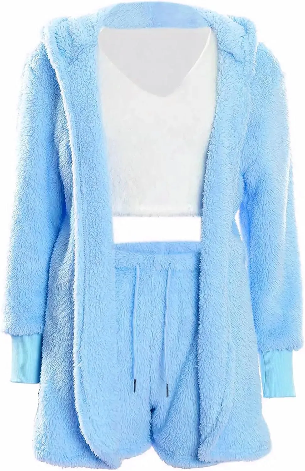 Vakkest Women's Sexy 3 Piece Pajamas Outfit Fuzzy Fleece Warm Sherpa Coat Jacket Outwear Spaghetti Strap Crop Top Shorts Set