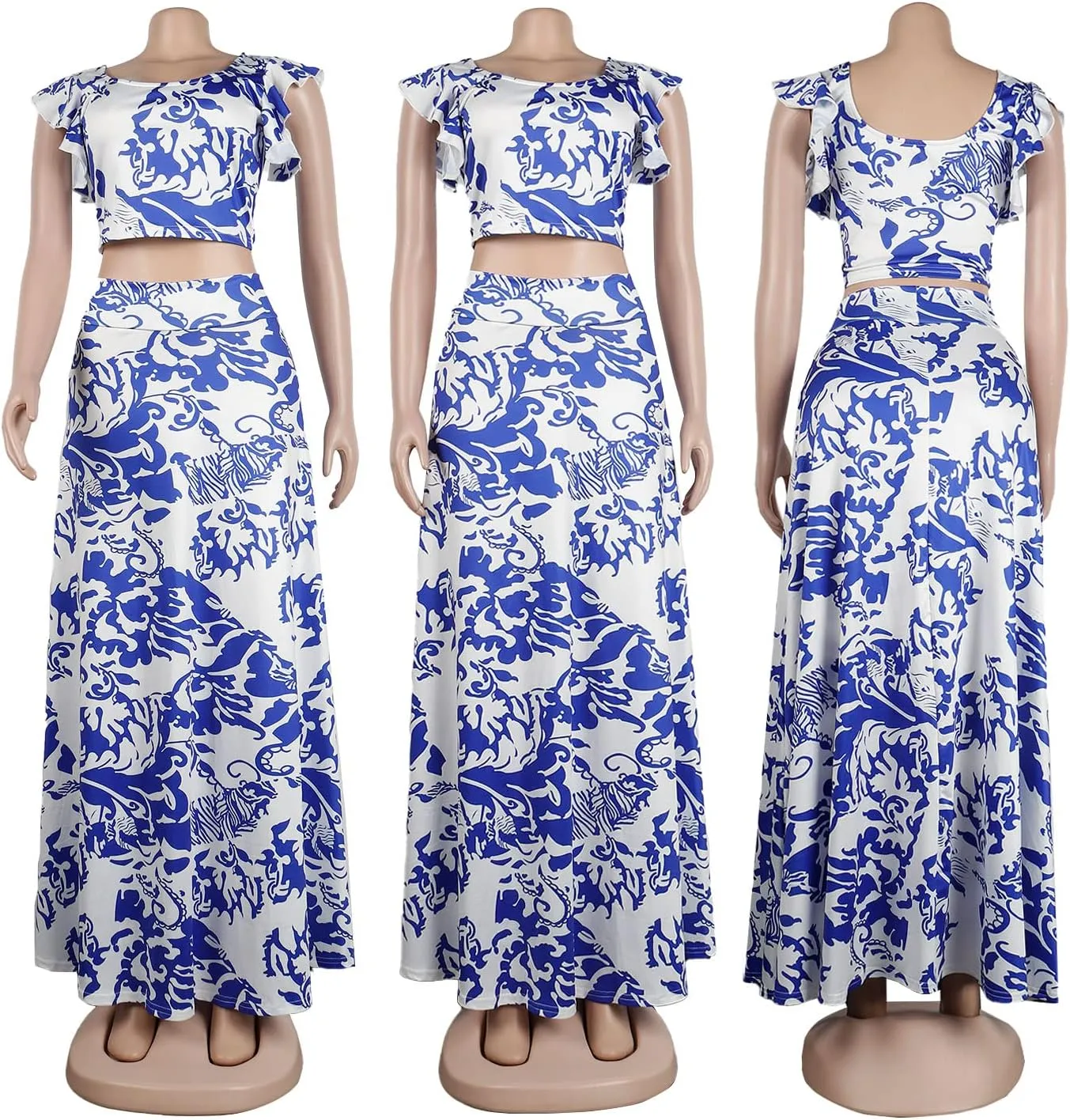 Vakkest Womens Summer Sexy 2 Pieces Outfits Ruffle Floral Tank Top Wrap Boho Tropical Long Skirt Set Clubwear Dresses