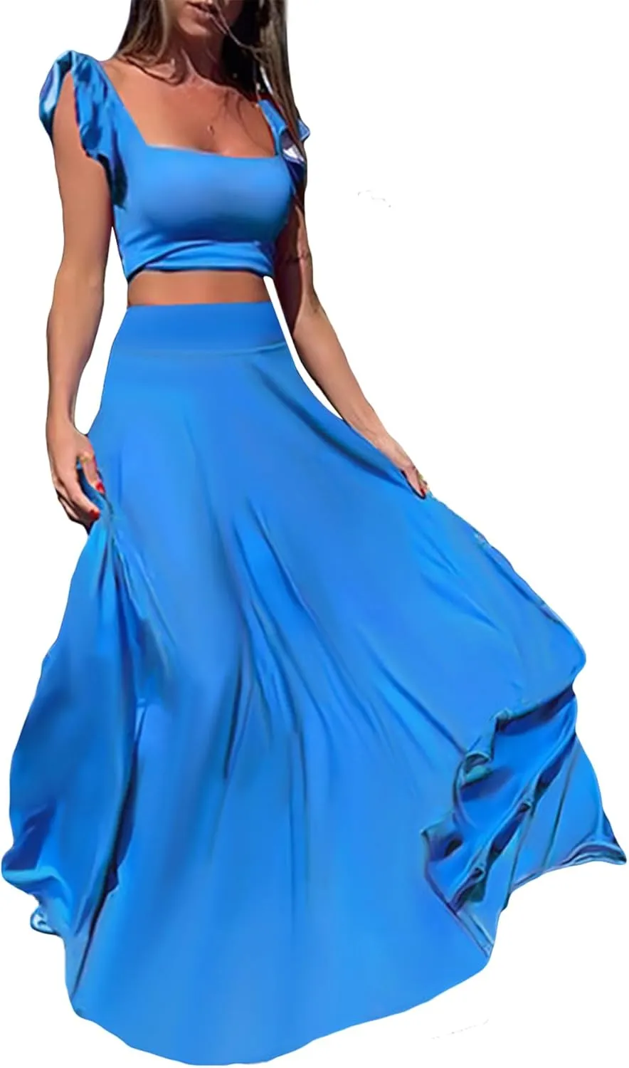 Vakkest Womens Summer Sexy 2 Pieces Outfits Ruffle Floral Tank Top Wrap Boho Tropical Long Skirt Set Clubwear Dresses