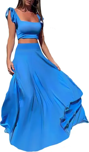 Vakkest Womens Summer Sexy 2 Pieces Outfits Ruffle Floral Tank Top Wrap Boho Tropical Long Skirt Set Clubwear Dresses