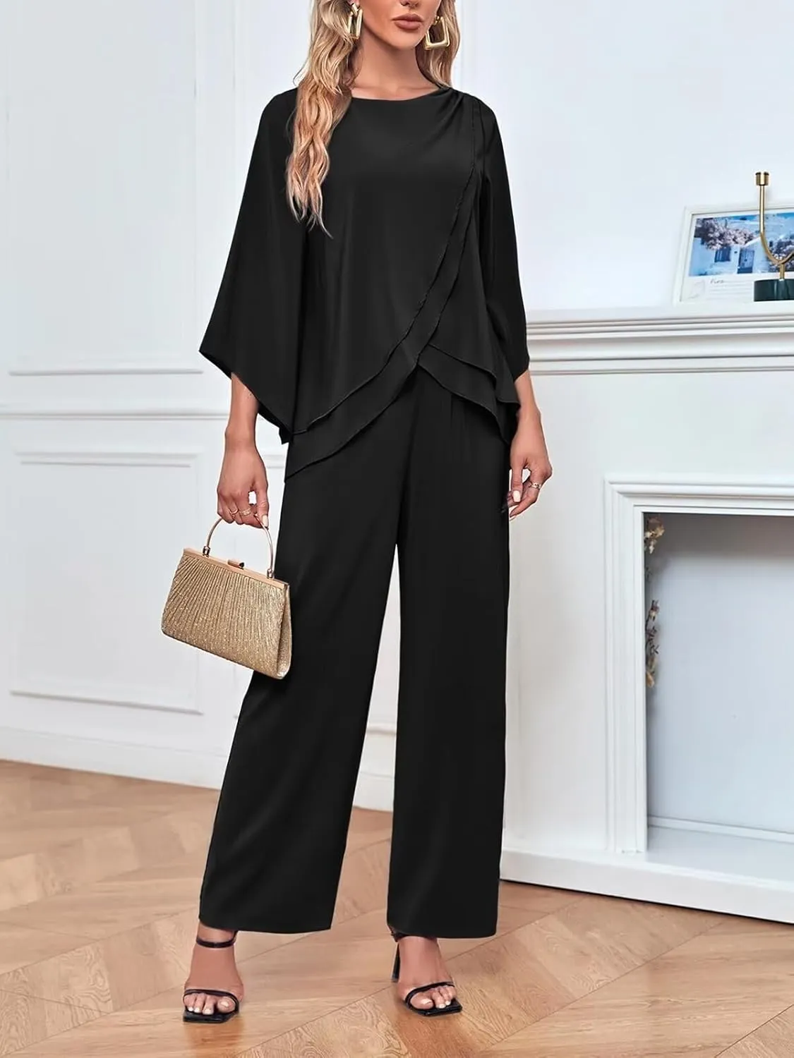 VK Selec Chiffon Mother of The Bride Pant Suits for Wedding 2 Pieces Pants Suits for Women Dressy Wedding