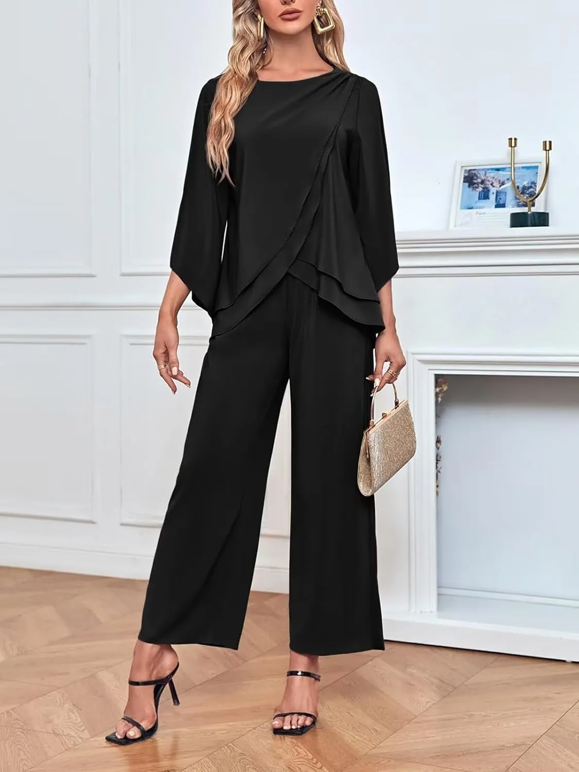 VK Selec Chiffon Mother of The Bride Pant Suits for Wedding 2 Pieces Pants Suits for Women Dressy Wedding