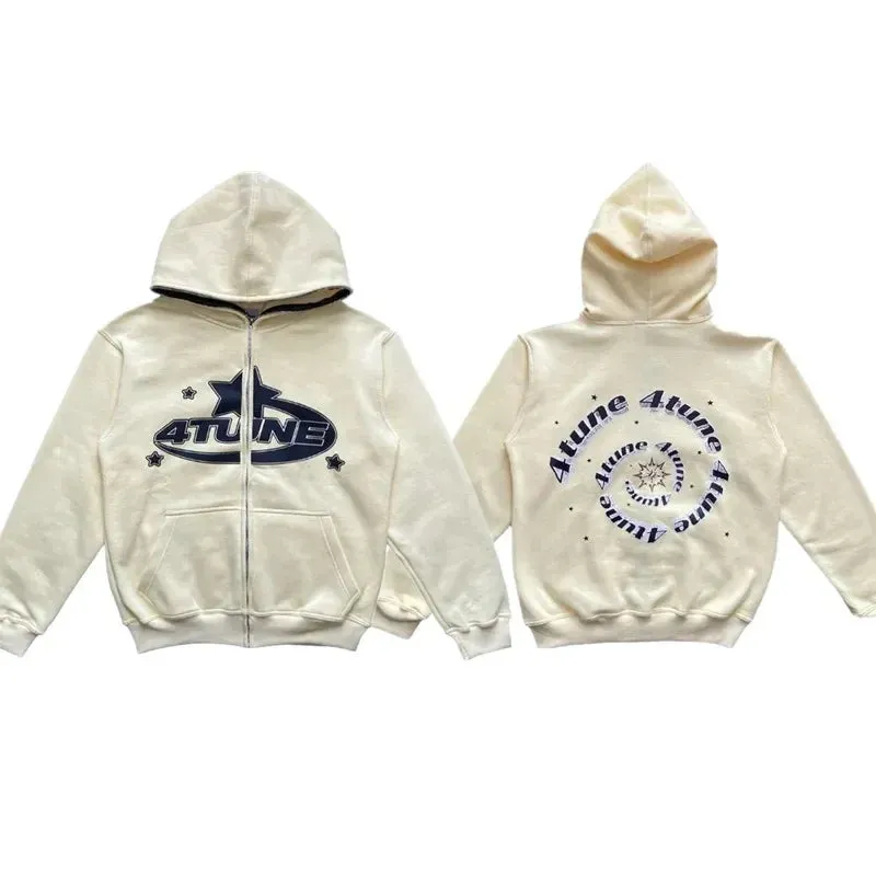 Vvsha Christmas outfit Star Letter Print Hoodie Men Retro Zip Up Long Sleeve Loose Jacket Coats Harajuku Casual Gothic Hooded Sweatshirt Y2K Streetwear