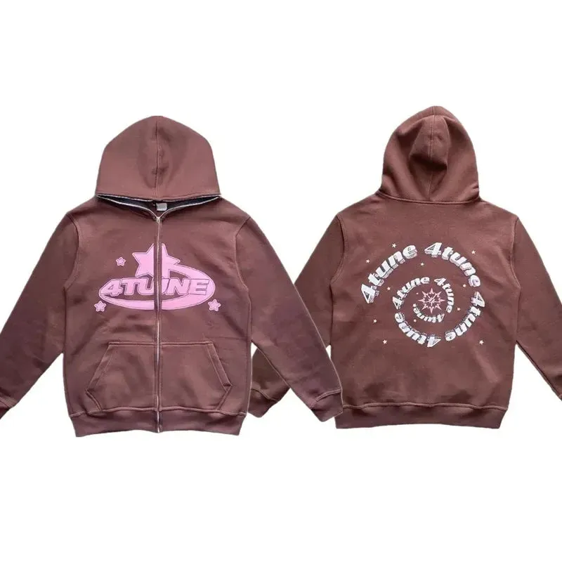 Vvsha Christmas outfit Star Letter Print Hoodie Men Retro Zip Up Long Sleeve Loose Jacket Coats Harajuku Casual Gothic Hooded Sweatshirt Y2K Streetwear