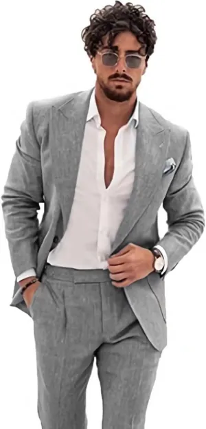 Wangyue Men's 2-Piece Linen Suit Casual Slim Fit Vintage Suits Groomsmen Tuxedos Wedding Summer Beach Blazer Pants Set