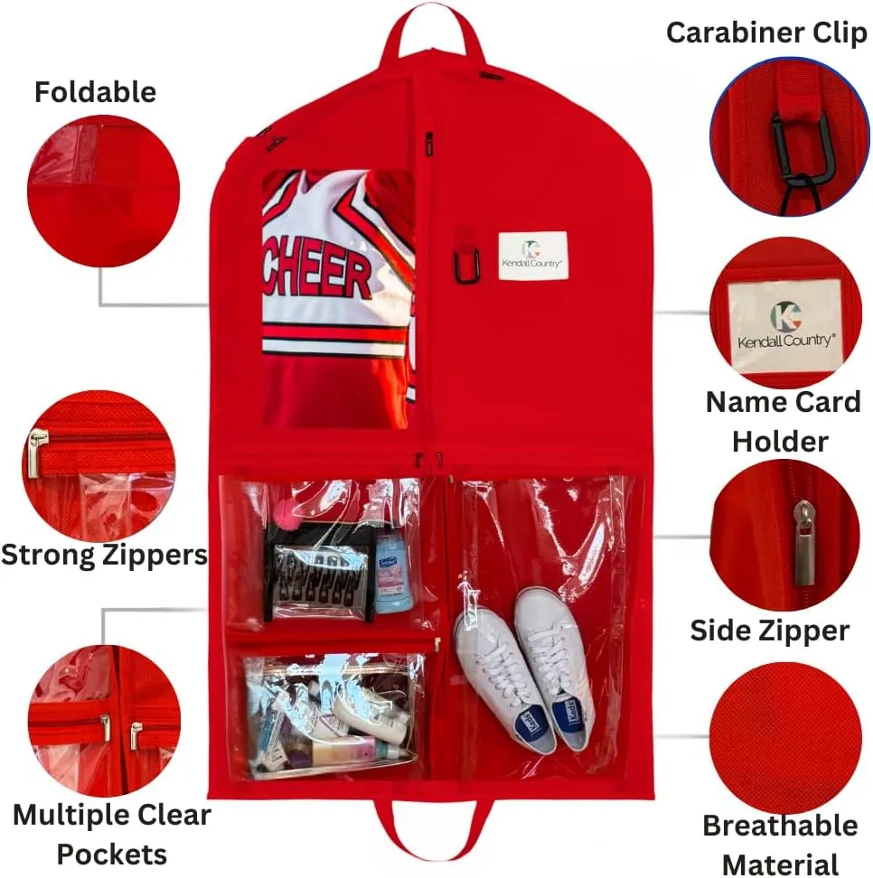 Waterproof Hanging Garment Bag 40 inch Clothes Bag with Gusset, 5 Pockets Side Zip for Dance Costumes Sports Skating Theatre Pageants Cheer Cosplay Kendall Country (Candy Apple Red, 40 inch)
