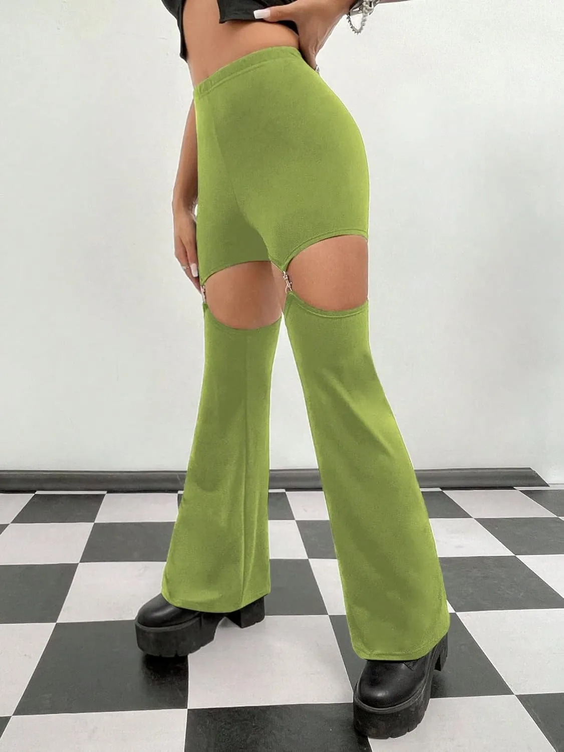 WDIRARA Flare Leggings for Women Cut Out Removable Flare Pants High Waisted Bell Bottom Pants Elastic for Concert Night Out