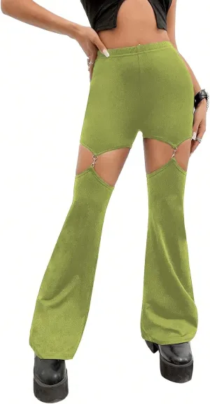 WDIRARA Flare Leggings for Women Cut Out Removable Flare Pants High Waisted Bell Bottom Pants Elastic for Concert Night Out
