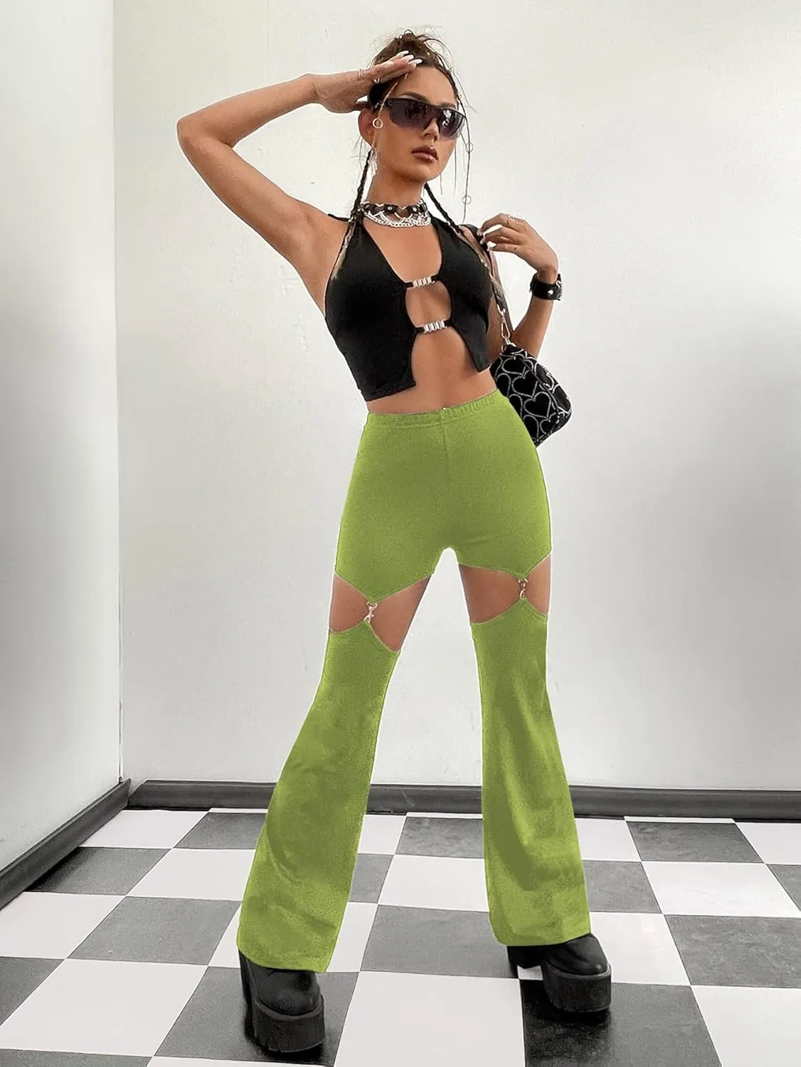 WDIRARA Flare Leggings for Women Cut Out Removable Flare Pants High Waisted Bell Bottom Pants Elastic for Concert Night Out