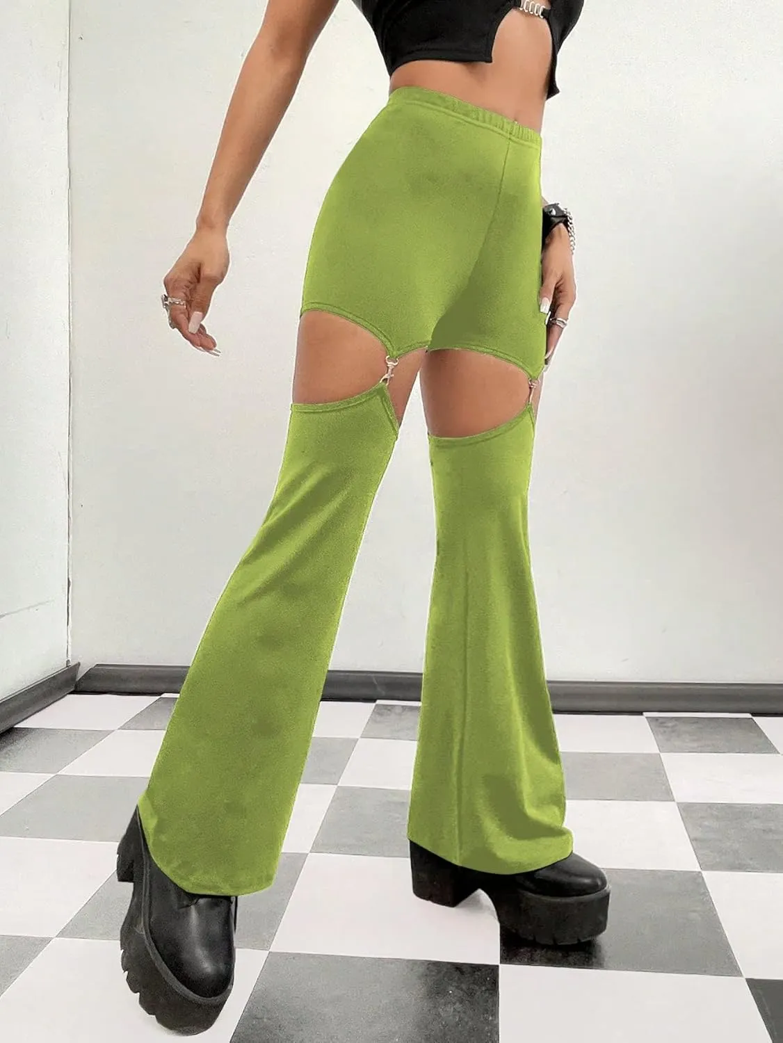 WDIRARA Flare Leggings for Women Cut Out Removable Flare Pants High Waisted Bell Bottom Pants Elastic for Concert Night Out