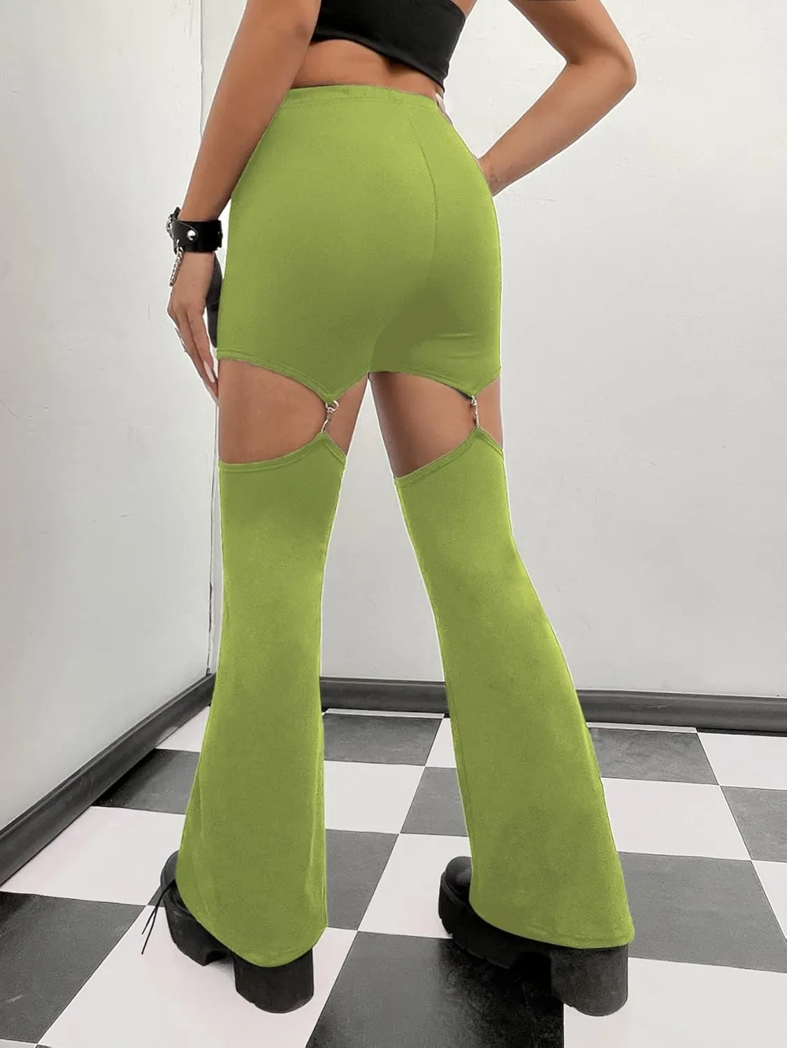 WDIRARA Flare Leggings for Women Cut Out Removable Flare Pants High Waisted Bell Bottom Pants Elastic for Concert Night Out