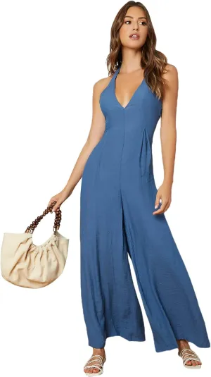 WDIRARA Women's Sleeveless Tie Back Halter Neck Wide Leg Jumpsuit Pants