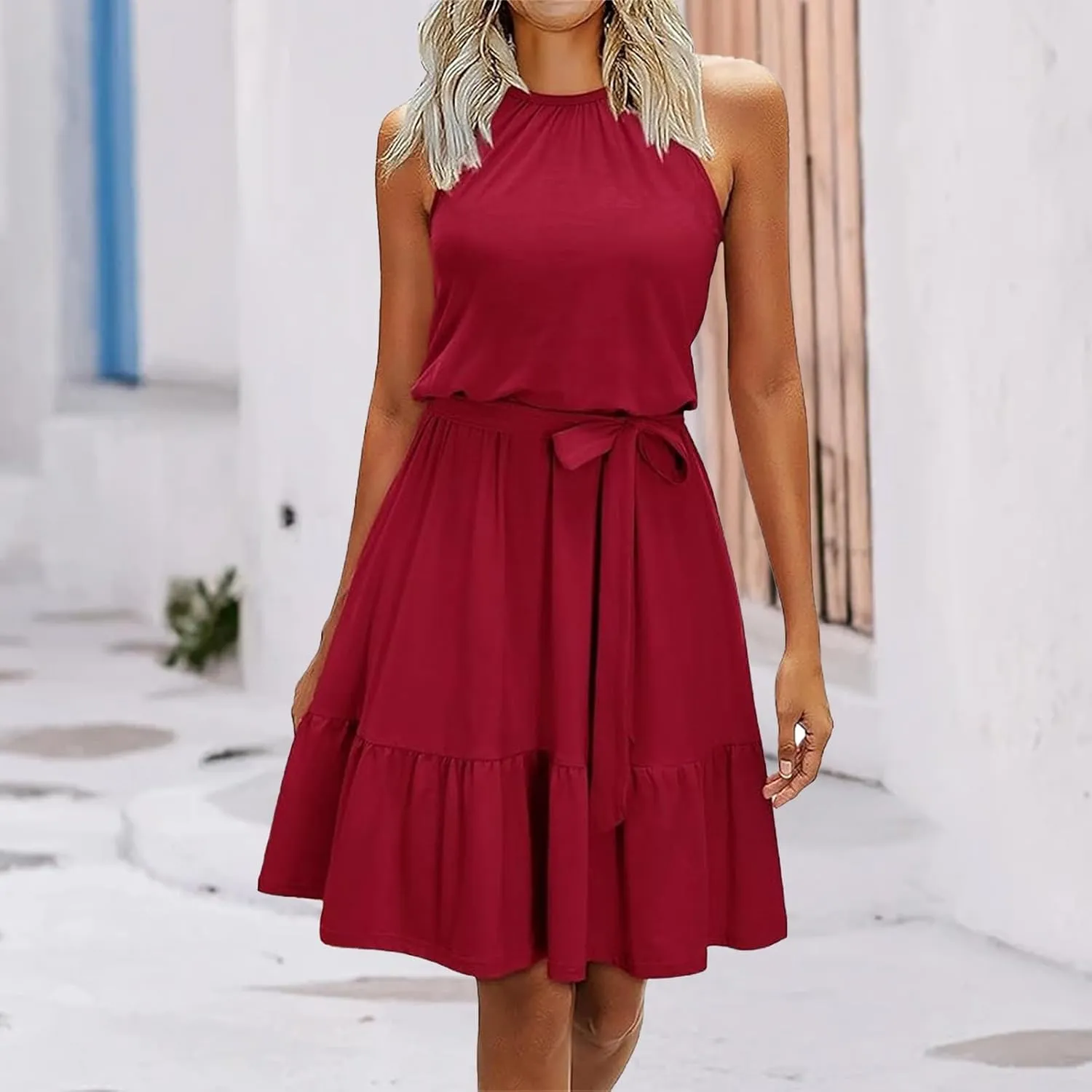 Wedding Guest Dress for Women Crew Neck Sleeveless High Waist Dresses Dressy Casual Beach Vacation Dress Sundresses