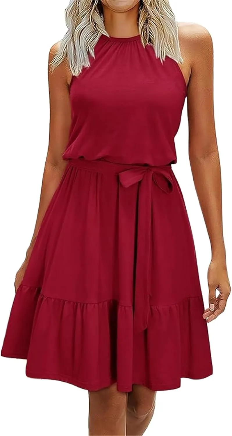 Wedding Guest Dress for Women Crew Neck Sleeveless High Waist Dresses Dressy Casual Beach Vacation Dress Sundresses
