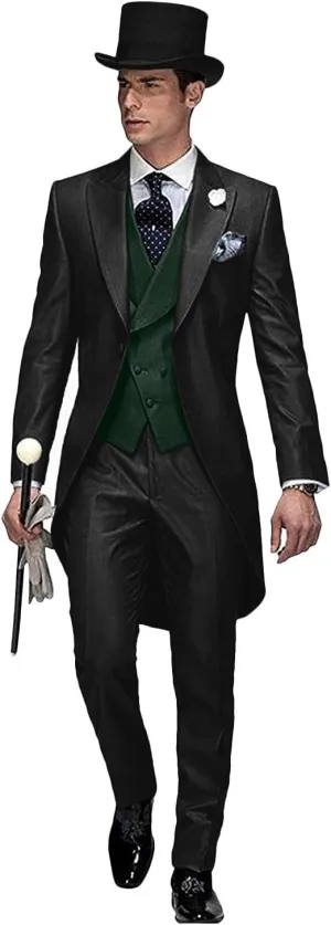 Wemaliyzd Men's 3 Piece Wedding Suit Tailcoat Tuxedo Long Tail Collar Vest Pants