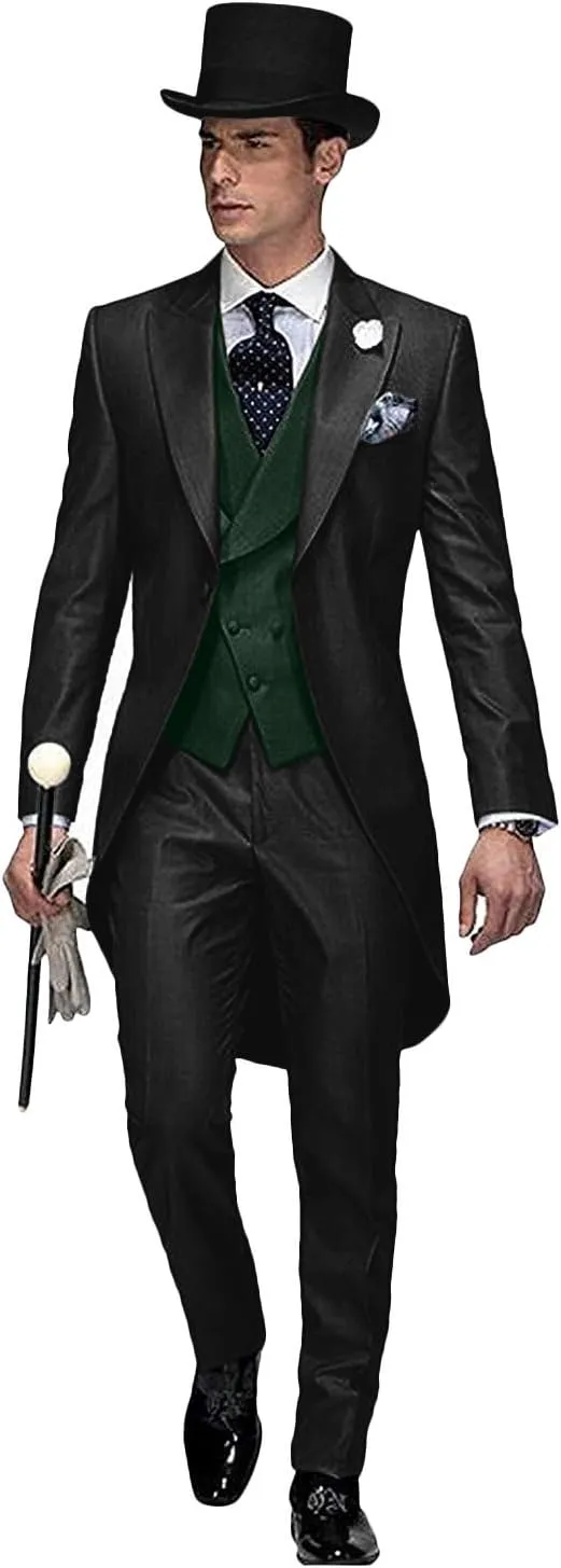 Wemaliyzd Men's 3 Piece Wedding Suit Tailcoat Tuxedo Long Tail Collar Vest Pants