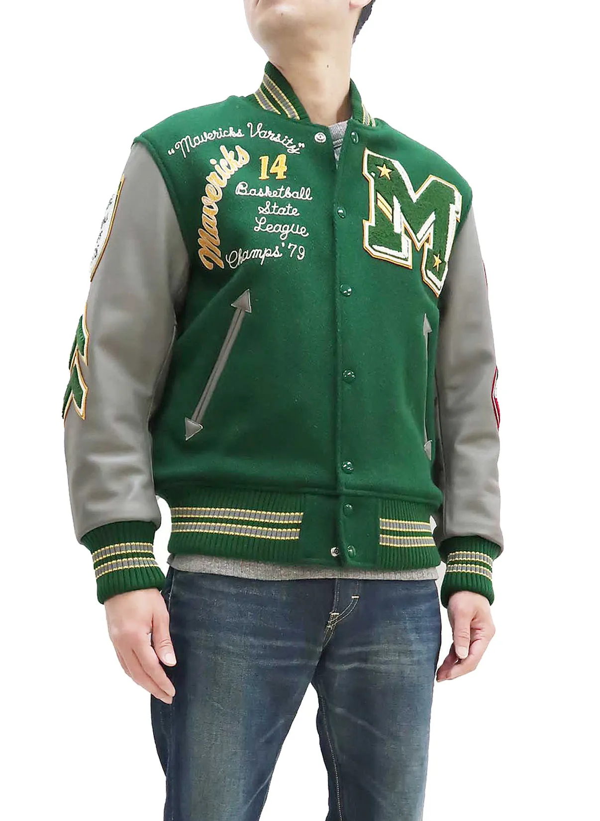 Whitesville Varsity Jacket Men's Letterman Jacket Melton x Leather Award Jacket WV15166 WV15166-145 Green x Gray MAVERICKS