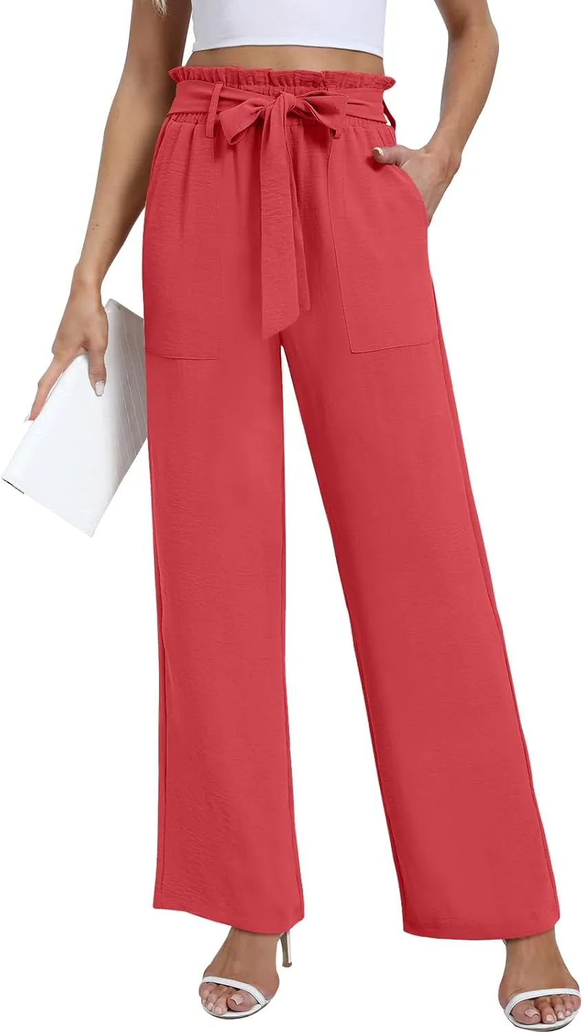 Wide Leg Pants for Women 2024 High Waisted Palazzo Pants with Pockets Adjustable Tie Knot Flowy Trousers