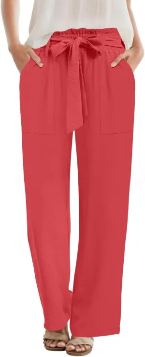 Wide Leg Pants for Women 2024 High Waisted Palazzo Pants with Pockets Adjustable Tie Knot Flowy Trousers