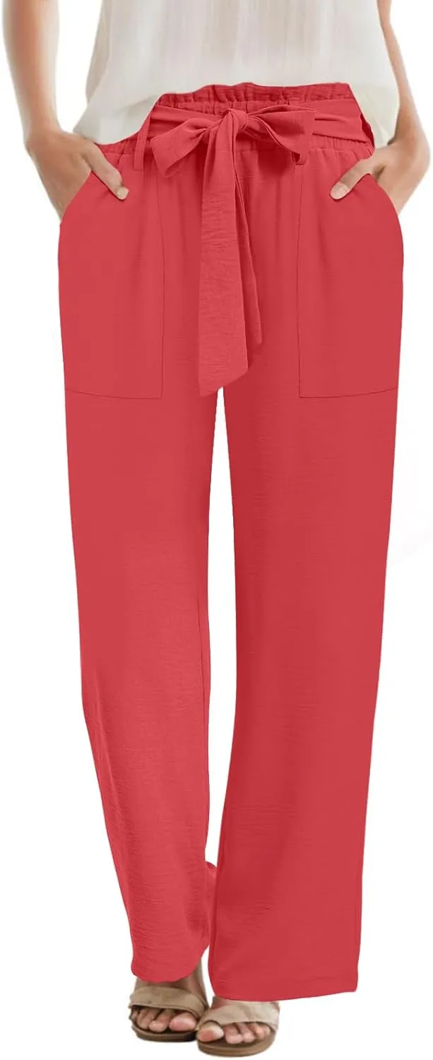 Wide Leg Pants for Women 2024 High Waisted Palazzo Pants with Pockets Adjustable Tie Knot Flowy Trousers